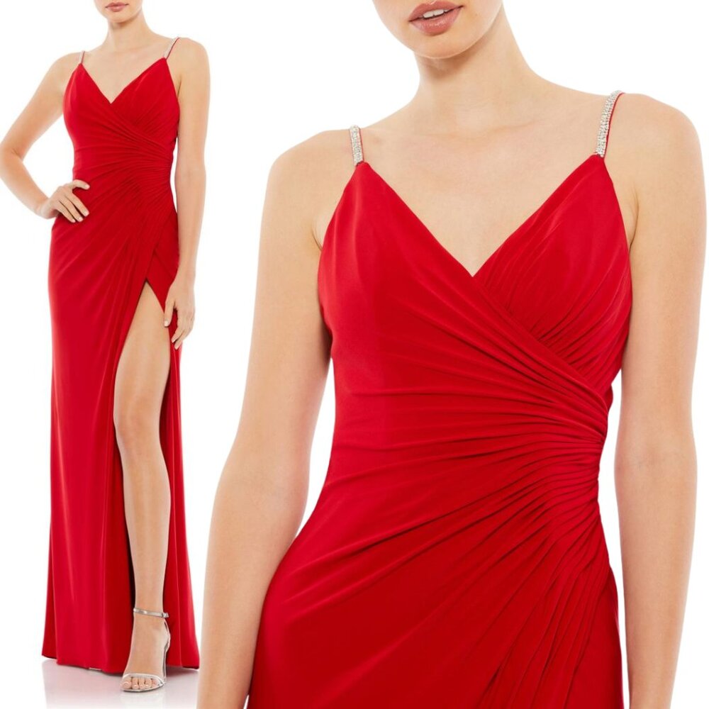 Mac Duggal 26695 Size 6 Crystal Strap Ruched Red Jersey Long Maxi Gown Dress